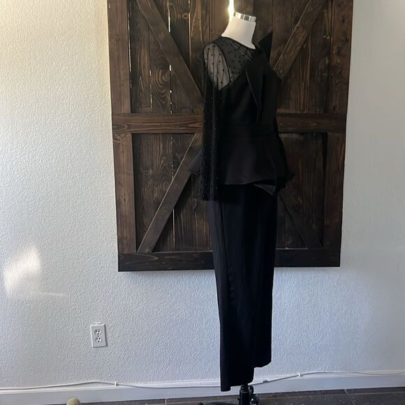 New Beaded Formal Long Sleeve Patchwork Mesh beaded Irregular Jumpsuit  Black - Picture 7 of 11